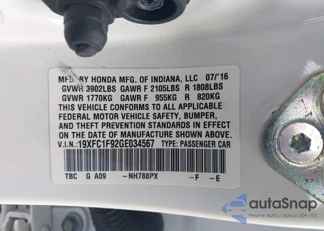 2016 Honda Civic Touring z USA, uszkodzony, nr VIN 19XFC1F92GE034567